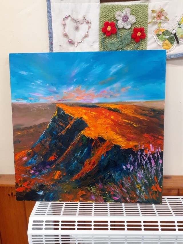 The painting was done by Jenny P. It is a stunning view of a location in the Brecon Beacons and was done in oil on wood.